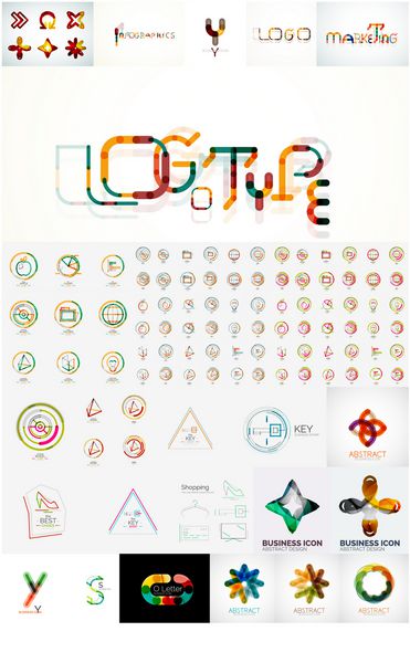 مجموعه ای از آرم های شرکت جهانی و عناصر طراحی حروف امواج چرخش ها و مفاهیم