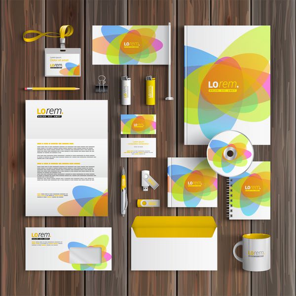 طراحی قالب هویت شرکت خلاق با عناصر گرد رنگ لوازم التحریر تجاری