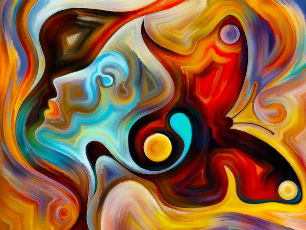 رنگهای سریال ذهن زمینه هنری ساخته شده از عناصر صورت انسان و اشکال انتزاعی رنگارنگ برای استفاده با پروژه هایی در ذهن دلیل اندیشه احساسات و معنویت