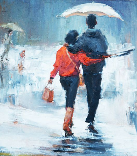 زن و مرد زیر یک چتر نمای عقب رنگ روغن یک جفت عاشق زیر یک چتر