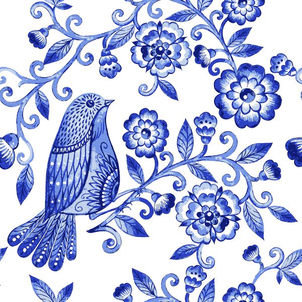 طرح وکتور گل آبرنگ با طرح گل با گلهای آبی و پرندگان
