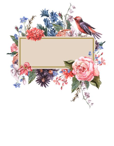 کارت ویترین گل با گلهای رز سنبل گلهای وحشی و پرنده به سبک پرنعمت تصویر آبرنگ