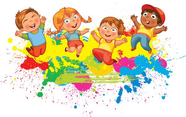 کودکانی که روی چلپ چلوپ رنگی پس زمینه می پرند بنر شخصیت کارتونی خنده دار تصویر برداری جدا شده بر روی زمینه سفید