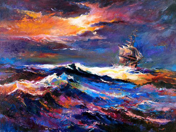 نقاشی روغنی اصلی کشتی بادبان نارنجی و اقیانوس طوفانی بر روی بوم غروب خورشید امپرسیونیسم مدرن توسط نیکلوف