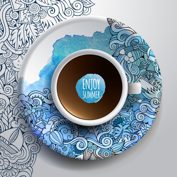 تصویر برداری با یک فنجان قهوه و doodles تابستانی آبرنگ با دست کشیده شده روی یک بشقاب بشقاب و پس زمینه