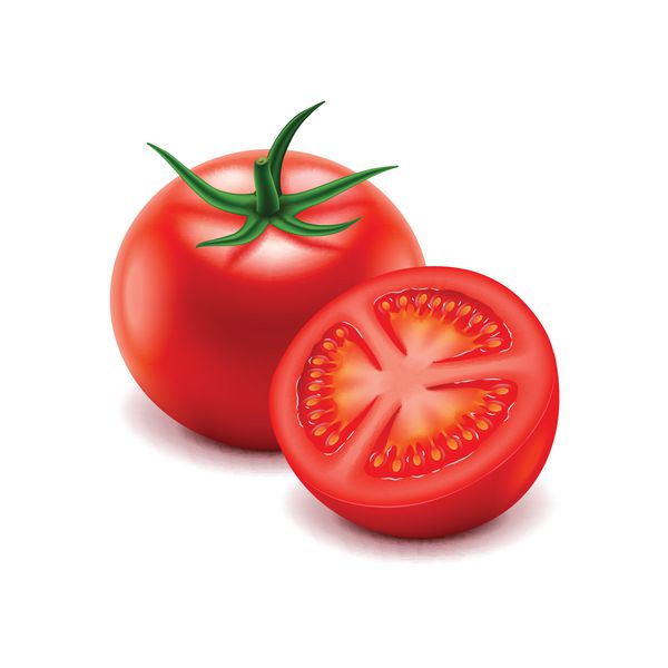 گوجه و برش جدا شده بر روی تصویر برداری عکس واقع گرایانه سفید