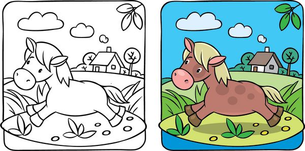 کتاب رنگ آمیزی اسب کوچک خنده دار یا اسب کوچک که در نزدیکی رودخانه اجرا می شود