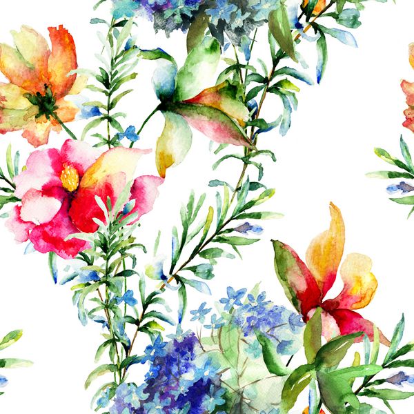 الگوی یکپارچه با گل های تابستانی تزئینی تصویر آبرنگ