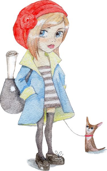 شخصیت اصلی آبرنگ دختری جوان با کلاه قرمز و رنگین کمان آبی با کاغذ در کیف و سگ کوچک
