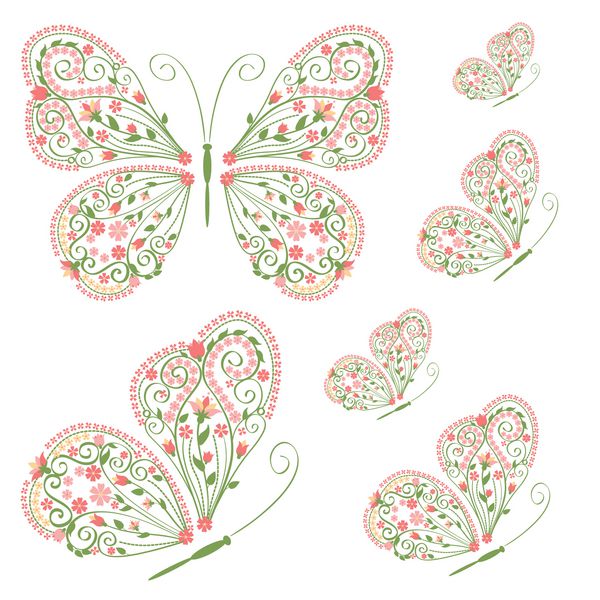 مجموعه پروانه های تزئینی با تزئینات گلدار جدا شده در زمینه سفید تصویر برداری