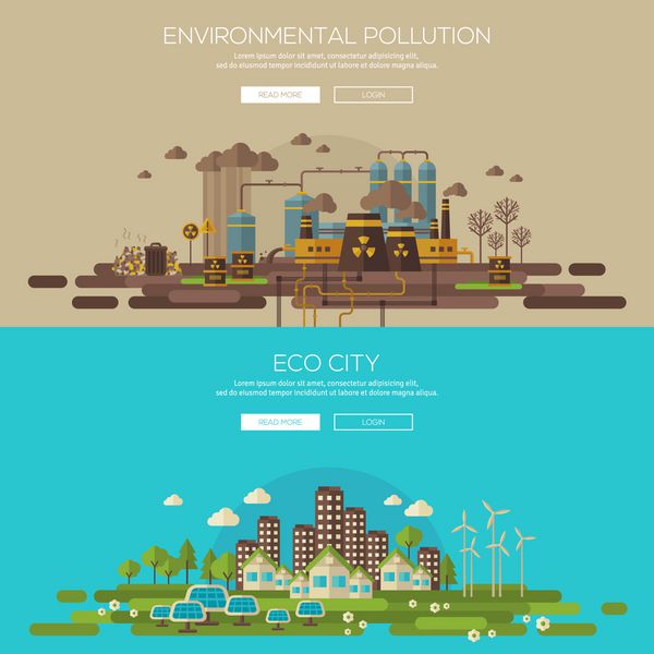 شهر اکو سبز با معماری پایدار و آلودگی محیط زیست توسط زباله های سمی کارخانه بنرهای تصویر برداری تنظیم شده است