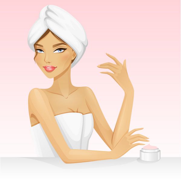 زن با حوله ای روی سر بعد از حمام یا حمام تصویر برداری زیبا برای آبگرم یا زیبایی دختر اسپا