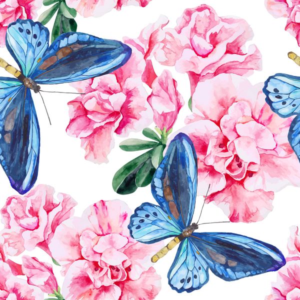 آزالای صورتی و پروانه های آبی الگوی آبرنگ بدون درز نقاشی شده با دست پس زمینه وکتور