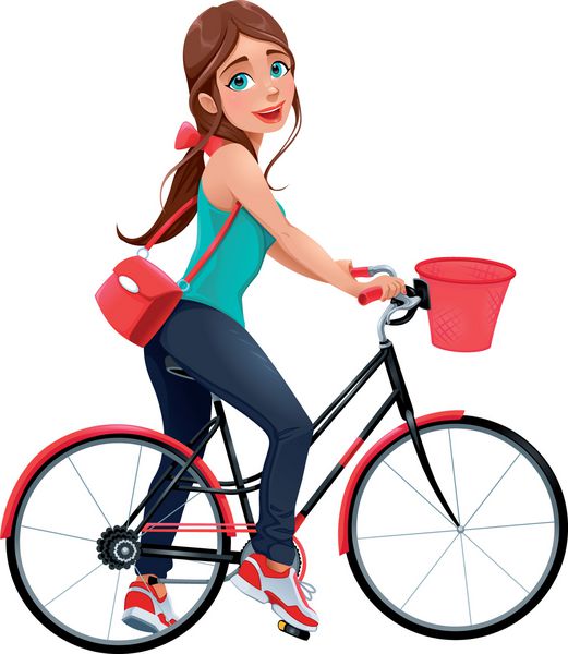 زن خندان جوان با دوچرخه کارتونی وکتور شخصیت جدا شده
