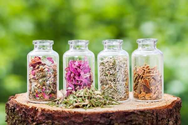 بطری های شیشه ای با گیاهان درمانی بر روی گلدان چوبی بر روی زمینه سبز داروهای گیاهی