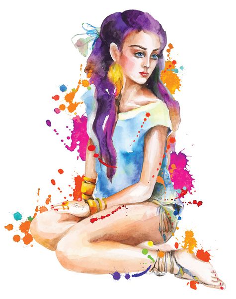 آثار هنری آبرنگ با یک دختر نشسته و پاشش رنگهای روشن جشنواره هولی تصویر برداری دستی کشیده شده