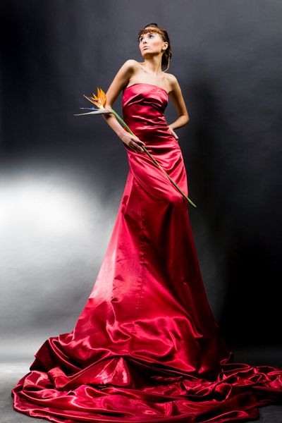 دختر زیبا با لباس قرمز قرمز گل عجیب و غریب را در یک دست نگه می دارد