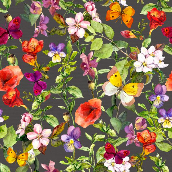گل و پروانه های مزارع تابستانی Ditsy تکرار الگوی گل برای طراحی مد آبرنگ