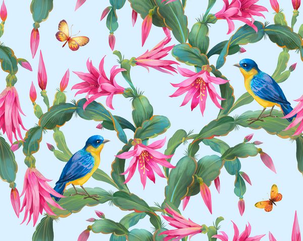 گل های کاکتوس و پرندگان رنگارنگ الگوی پس زمینه بدون درز نسخه 4
