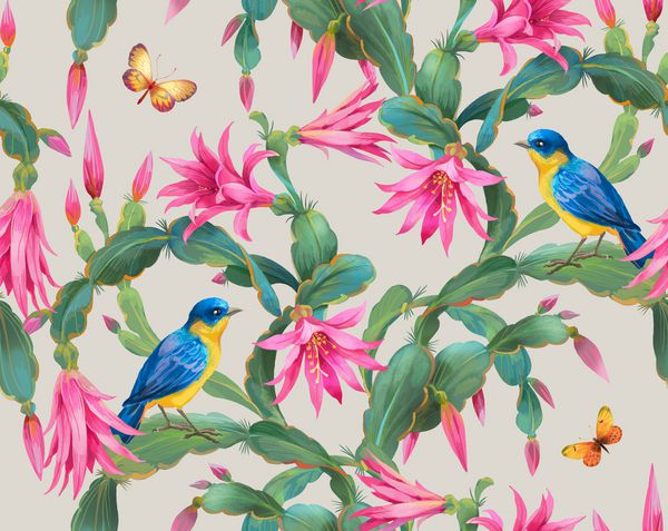 گل های کاکتوس و پرندگان رنگارنگ الگوی پس زمینه بدون درز نسخه 5