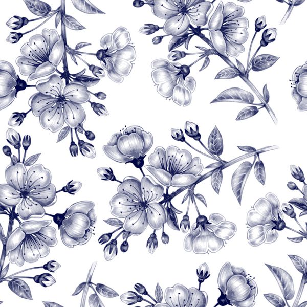پس زمینه بدون درز شاخه ای از شکوفه های گیلاس طراحی پارچه پارچه کاغذ کاغذ دیواری وب تزئینات گل سیاه و سفید