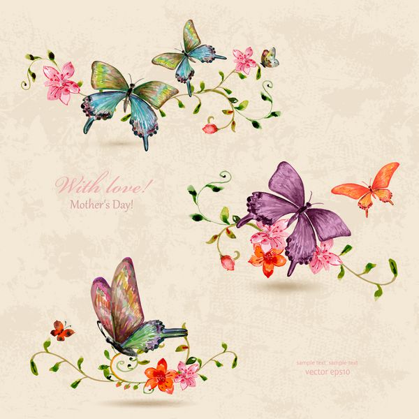 مجموعه ای از پروانه ها روی گل را پرنعمت کنید نقاشی آبرنگ