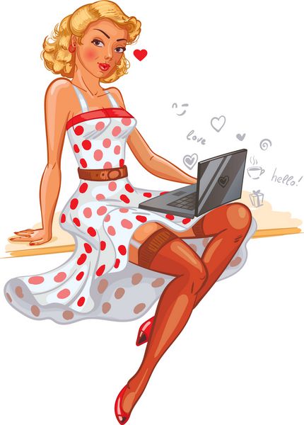 دختر پین آپ ایده برای دوستیابی اینترنتی آنلاین شخصیت کارتونی خنده دار تصویر برداری جدا شده بر روی زمینه سفید