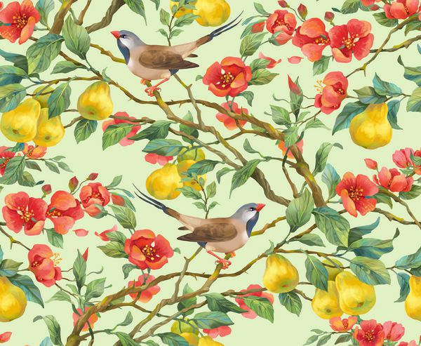 شاخه ای با گل میوه و پرندگان درخت ژاپنی و انگشت بلند Grass Finch الگوی پس زمینه بدون درز نسخه 5