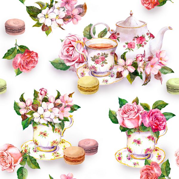 الگوی چای با گل شکوفه گیلاس گل رز در فنجان چای کیک ماکارون و قوری آبرنگ پس زمینه بدون درز