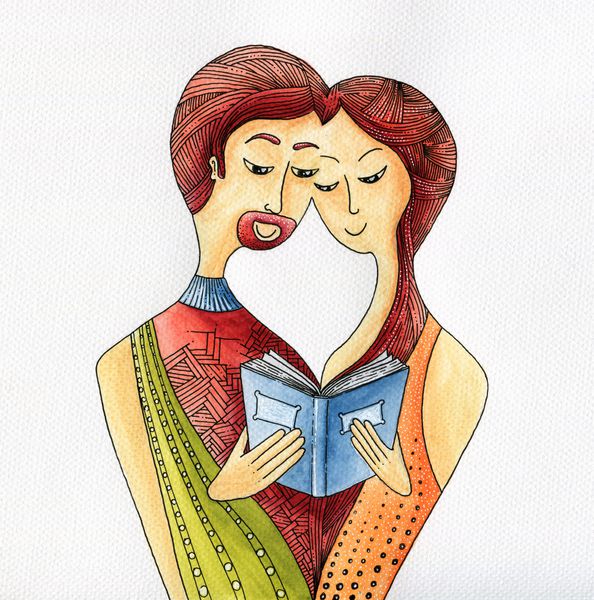 زن و شوهر عاشق خواندن کتاب آبرنگ رنگ