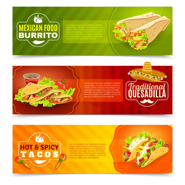 معاملات آتی و رستوران های مکزیکی و غذاهای تخت رنگ رنگ بنر افقی مجموعه ای از تصویر برداری جدا شده