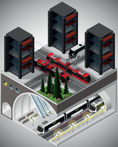تصویر برداری ایزومتریک یک عنصر از زیرساخت های شهری متشکل از قطار حمل و نقل مترو تراموا واگن برقی و خطوط اتوبوس