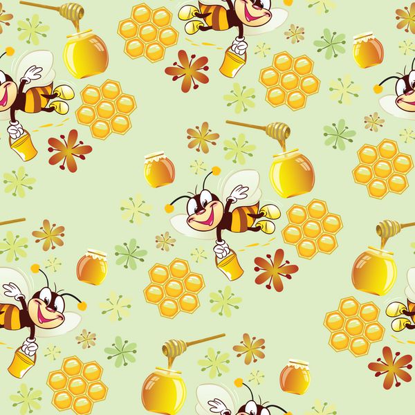 در این تصویر یک الگوی یکپارچه با زنبورهای خنده دار که در حال جمع آوری عسل هستند روی گلهای پس زمینه و لانه زنبوری نشان می دهد تصویرسازی به سبک کارتونی انجام می شود