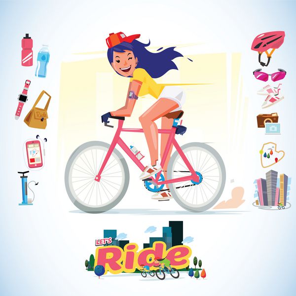 دوچرخه سواری دختر ورزشی با مجموعه آیکون تایپوگرافی لذت بردن از سوار شدن طراحی شخصیت تصویر برداری