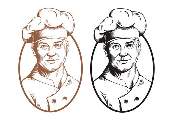 آشپزهای سرآشپز شکل به سبک حکاکی روی زمینه سفید تصویر برداری آشپز آشپز در یک بیضی شکل وکتور را می توان به عنوان logotype 11 استفاده کرد