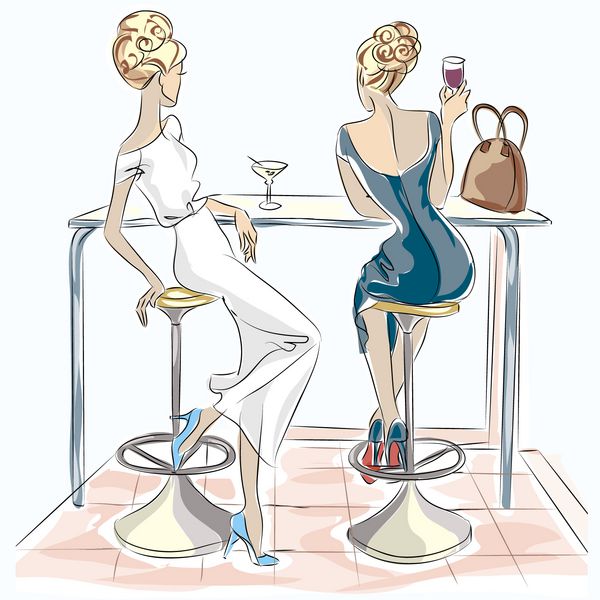 دو زن زیبا که در نوشیدن کافه نشسته اند و وکتور تصویر زمینه ای با تصویر کشیده شده دارند