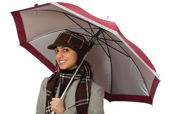 زن با چتر جدا شده بر روی سفید