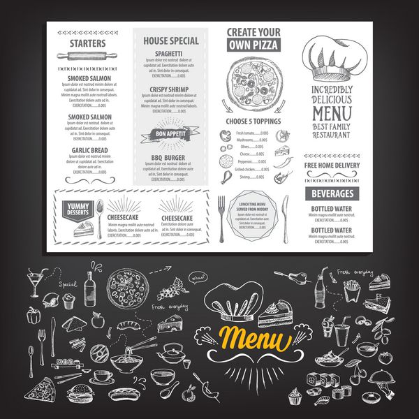 بروشور رستوران وکتور طراحی منو قالب کافه وکتور با گرافیک دستی بروشور مواد غذایی