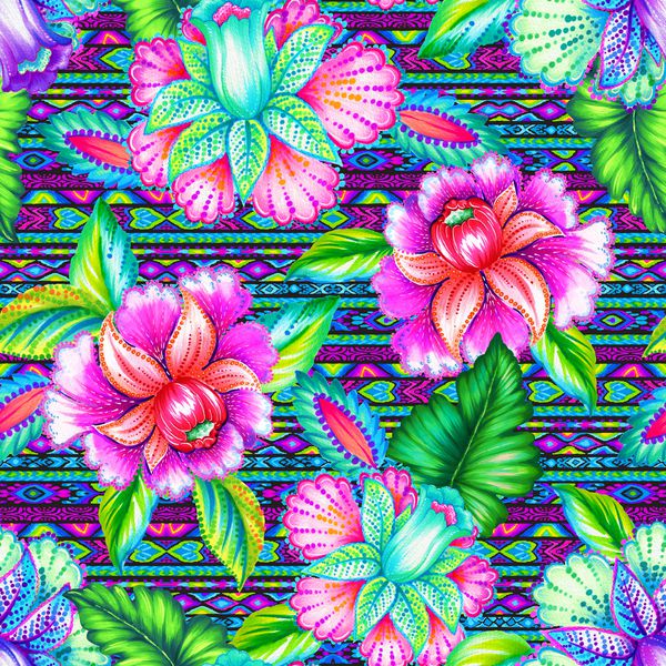 الگوی گلهای عامیانه یکپارچه نقوش طبیعی boho بر روی پارچه مکزیکی بافی بسیار رنگارنگ و نئون طرح کلی تصاویر مصنوعی