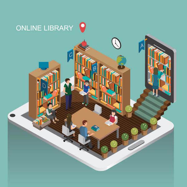 مفهوم کتابخانه آنلاین در طراحی تخت سه بعدی ایزومتریک