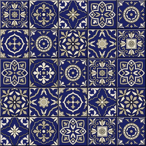 الگوی بدون درز زیبا از رنگ های تیره و آبی مراکش کاشی های پرتغالی Azulejo زیور آلات می توان برای تصویر زمینه الگوی پر کردن پس زمینه صفحه وب بافت های سطح استفاده کرد