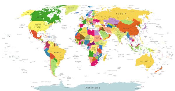 نقشه جهان سیاسی کاملاً مفصل که روی سفید پوشیده شده است همه عناصر در لایه های قابل ویرایش به وضوح دارای برچسب هستند