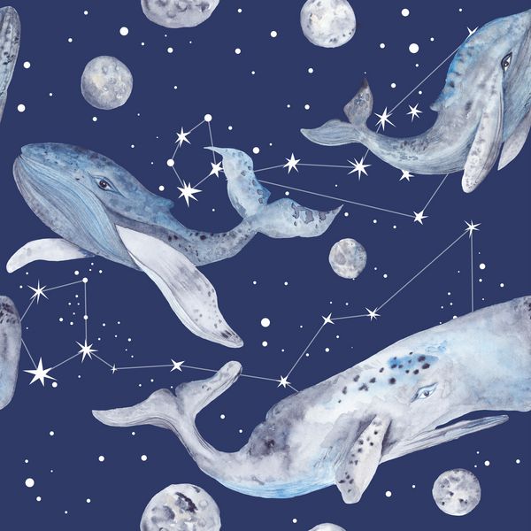 الگوی آبرنگ گل نهنگ ستاره بافت بدون درز با حیوانات دریایی و ستاره های صورت فلکی در زمینه آبی