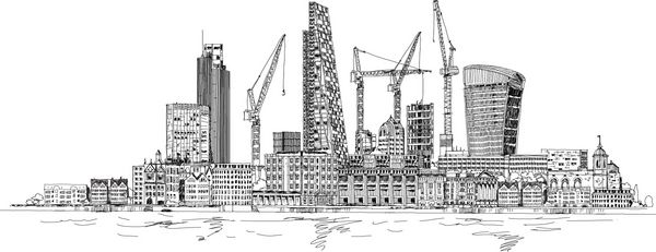 نمای مدرن لندن از رودخانه تیمز تصویرسازی بسیار مفصل با جرثقیل ها و اماکن ساختمانی