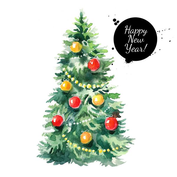 تصویر درخت کریسمس آبرنگ کارت تبریک سال نو