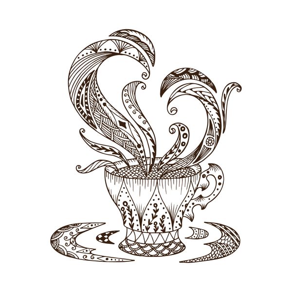 فنجان قهوه یا چای و خورشید با تزئینات انتزاعی تصویر کشیده شده دست
