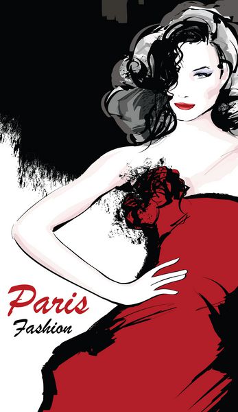مدل بسیار زیبا و جوان مد با لباس قرمز در پاریس تصویر برداری