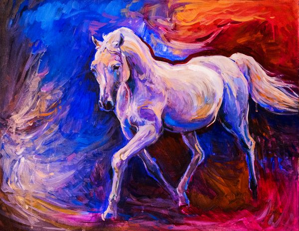 نقاشی روغنی از یک اسب سفید در حال اجرا هنر مدرن