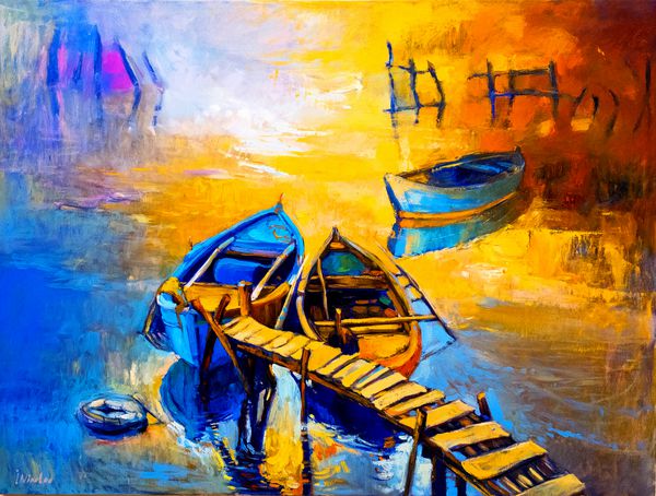 نقاشی اصلی روغن روی بوم قایق و غروب خورشید امپرسیونیسم مدرن