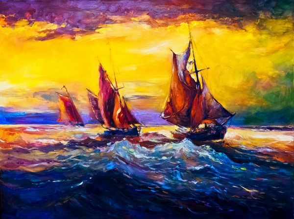نقاشی اصلی روغن روی بوم قایق و دریا امپرسیونیسم مدرن